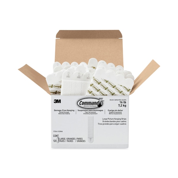 Command Picture Hanging Strips, Large, Removable, 0.75" x 3.65", White, PK120 - 17206-S120NA