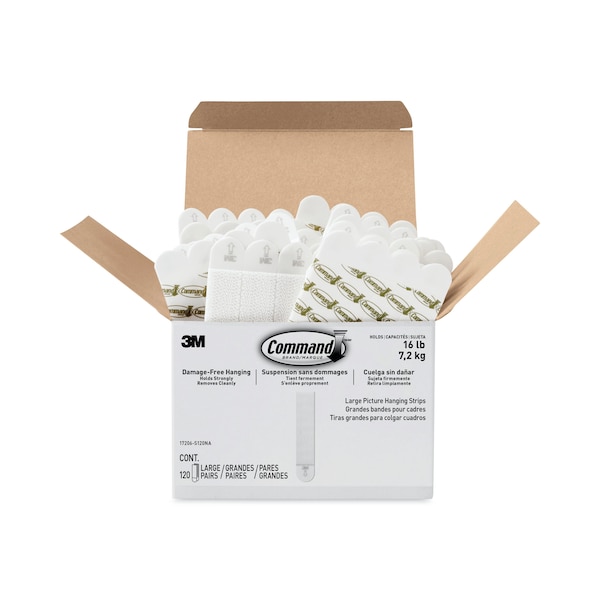 Command Picture Hanging Strips, Large, Removable, 0.75" x 3.65", White, PK120 - 17206-S120NA