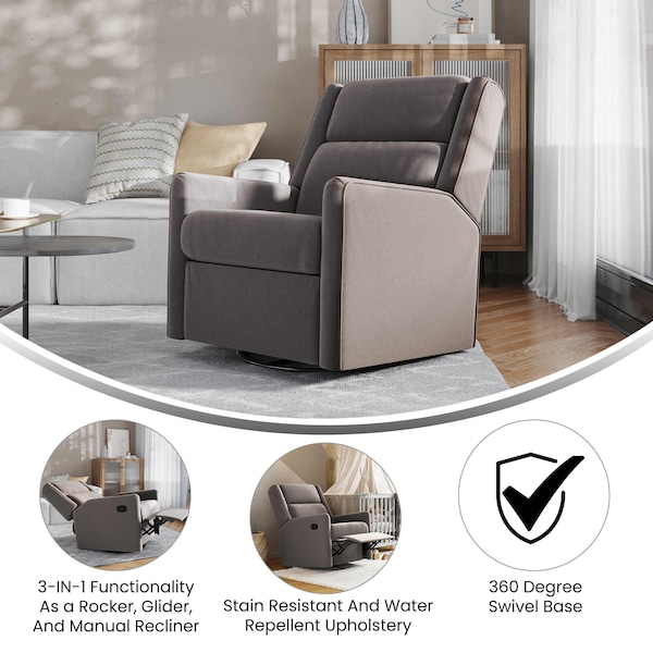 Flash Furniture Cash Swivel Glider Rocker Recliner Chair, Manual 360 Degree Swivel Recliner, Dark Gray Upholstery - CY-RAC-536-DKGRY-GG