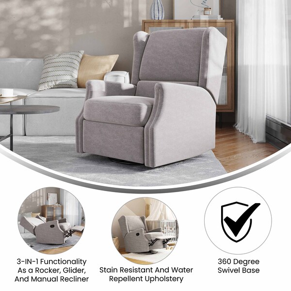 Flash Furniture Omma Swivel Glider Rocker Recliner Chair, Manual 360 Degree Swivel Wingback Recliner, Light Gray - CY-RAC-537-LTGRY-GG