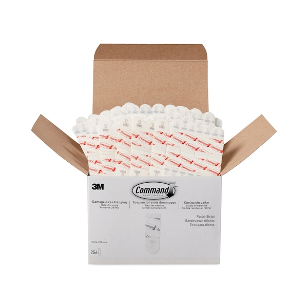 Command Poster Strips, Removable, Holds Up to 1 lb, 5/8" x 1.75", White, PK256 - 17024S256NA
