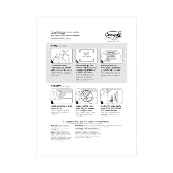 Command Poster Strips, Removable, Holds Up to 1 lb, 5/8" x 1.75", White, PK256 - 17024S256NA