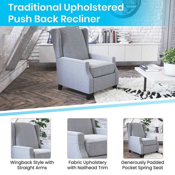 Flash Furniture Gray Wingback Reclining Chair with Nailhead Trim - BO-BS7002-1-GY-GG