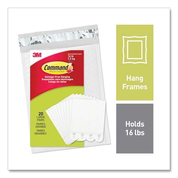 Command Picture Hanging Strips, Removable, Holds Up to 4 lbs per Pair, Large, 0.63 x 3.63, White, Pair, 20PK - 1720620NA
