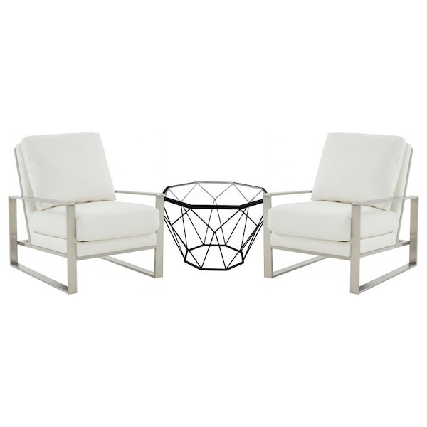 Leisuremod Jefferson Leather Armchair with Silver Frame and Octagon Coffee Table with Geometric Base, White - JAS29MD23W2-L