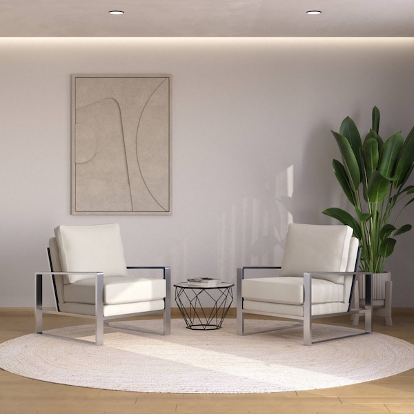 Leisuremod Jefferson Leather Armchair with Silver Frame and Octagon Coffee Table with Geometric Base, White - JAS29MD23W2-L