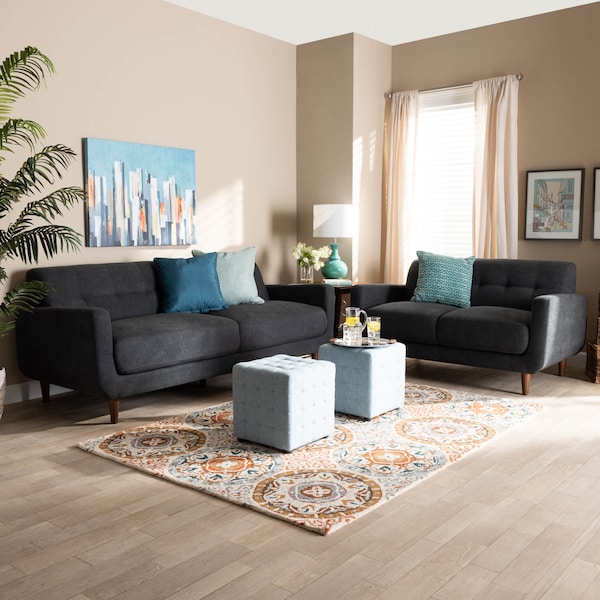 Baxton Studio Allister Mid-Century Dark Grey Upholstered 2-Piece Living Room Set - 158-9746-9747