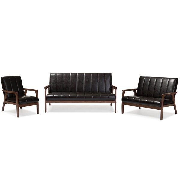 Baxton Studio Nikko Mid-century Dark Brown Faux Leather 3 Pieces Living Room Sets - 121-6745-6747-6749