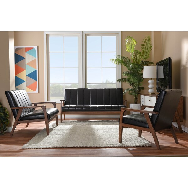Baxton Studio Nikko Mid-century Dark Brown Faux Leather 3 Pieces Living Room Sets - 121-6745-6747-6749