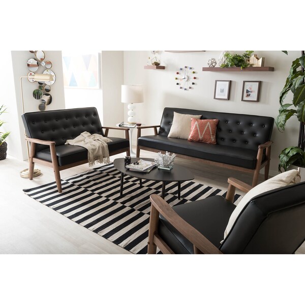 Baxton Studio Sorrento Black Faux Leather Upholstered Wooden 3 Piece Living room Set - 122-6764-6767-6770
