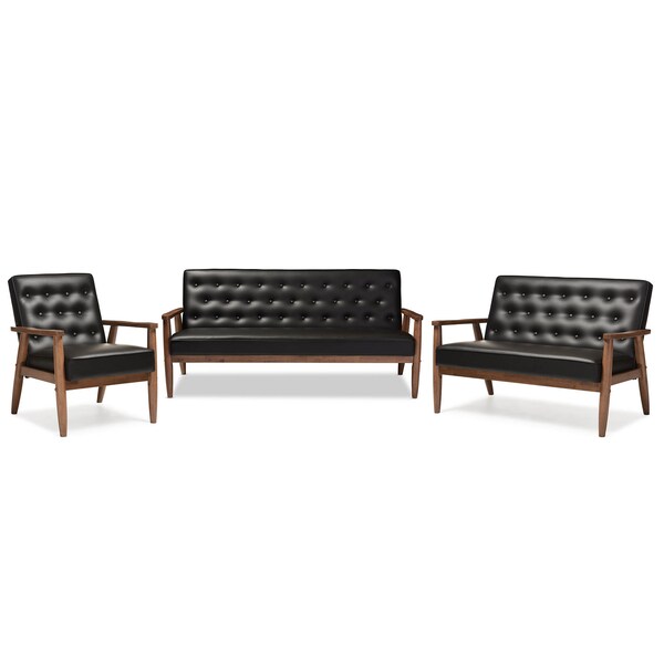 Baxton Studio Sorrento Black Faux Leather Upholstered Wooden 3 Piece Living room Set - 122-6764-6767-6770