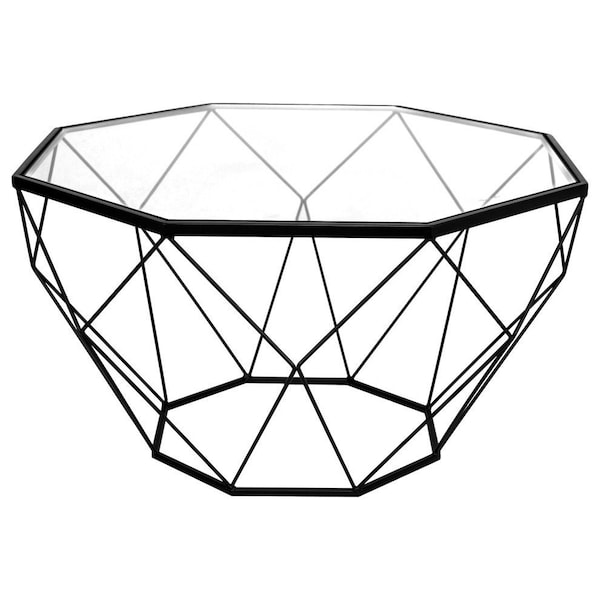 Leisuremod Jefferson Leather Armchair, Silver Frame & Large Octagon Coffee Table, Geometric Base, Black - JAS29MD31BL2-L