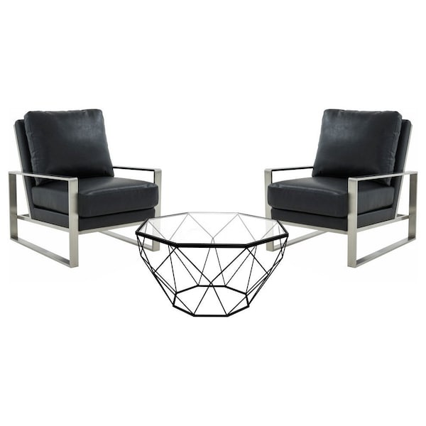 Leisuremod Jefferson Leather Armchair, Silver Frame & Large Octagon Coffee Table, Geometric Base, Black - JAS29MD31BL2-L
