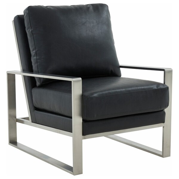 Leisuremod Jefferson Leather Armchair, Silver Frame & Large Octagon Coffee Table, Geometric Base, Black - JAS29MD31BL2-L