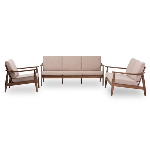 Baxton Studio Venza Walnut Wood Brown Upholstered 3-Piece Livingroom Set - 140-7555-7556-7557