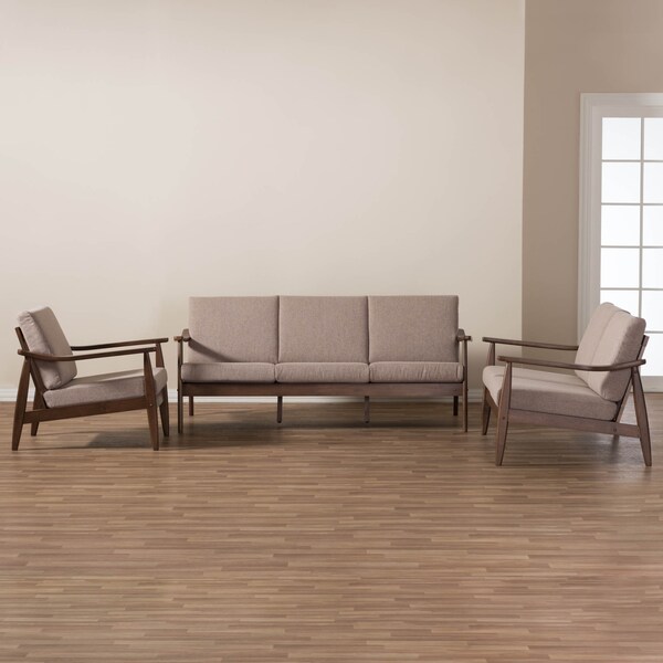 Baxton Studio Venza Walnut Wood Brown Upholstered 3-Piece Livingroom Set - 140-7555-7556-7557