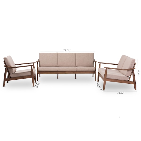 Baxton Studio Venza Walnut Wood Brown Upholstered 3-Piece Livingroom Set - 140-7555-7556-7557