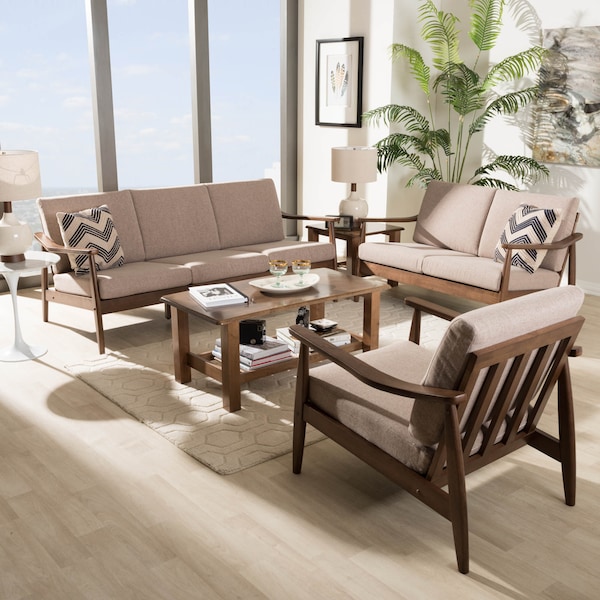 Baxton Studio Venza Walnut Wood Brown Upholstered 3-Piece Livingroom Set - 140-7555-7556-7557