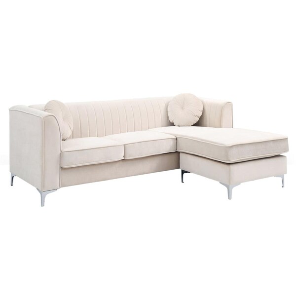 Passion Furniture 75 in. Delray Velvet L-Shape 3-Seater Sectional Sofa with 2-Throw Pillow, Ivory - PF-G797B-SC