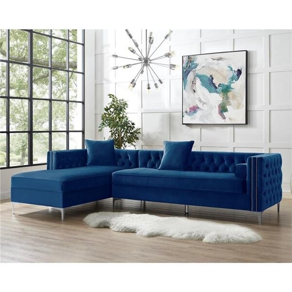 Posh Living Posh Living Levi Velvet  Tufted with Silver Nailhead Trim Metal Y-leg Left Facing Chaise Sectional Sofa - Navy - SL01-02NY-UE