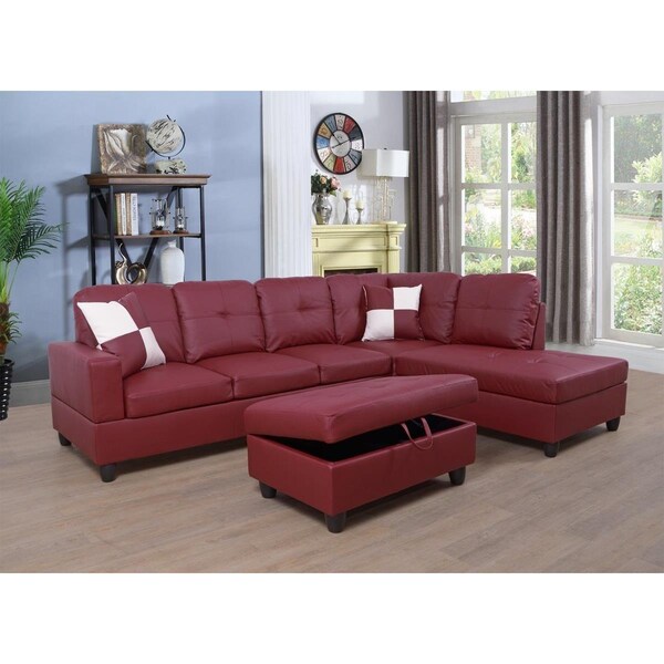 Golden Coast Furniture Right Facing Sectional Sofa Set with Ottoman, Faux Leather Red - F094B