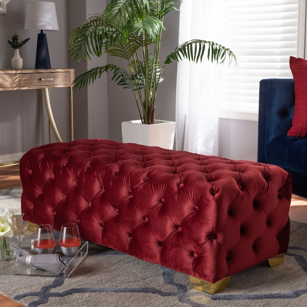 Baxton Studio Avara Velvet Upholstered Gold Finished Tufted Bench Ottoman - 154-9367