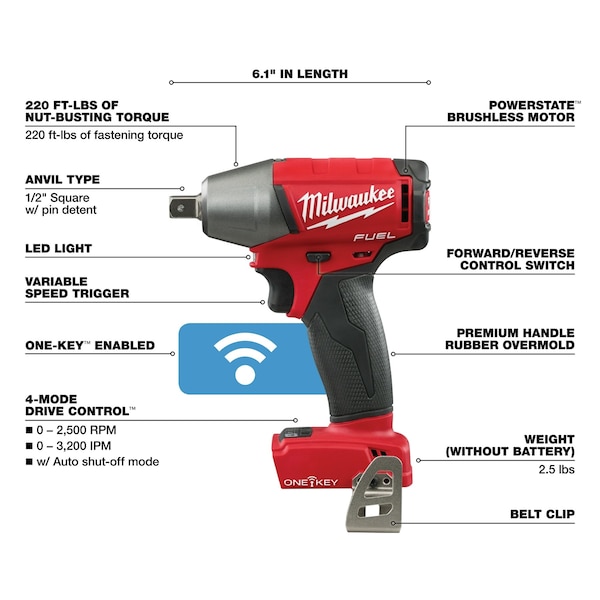 Milwaukee Tool M18 FUEL w/ONE-KEY 1/2" Compact Impact Wrench w/ Pin Detent - 2759-20