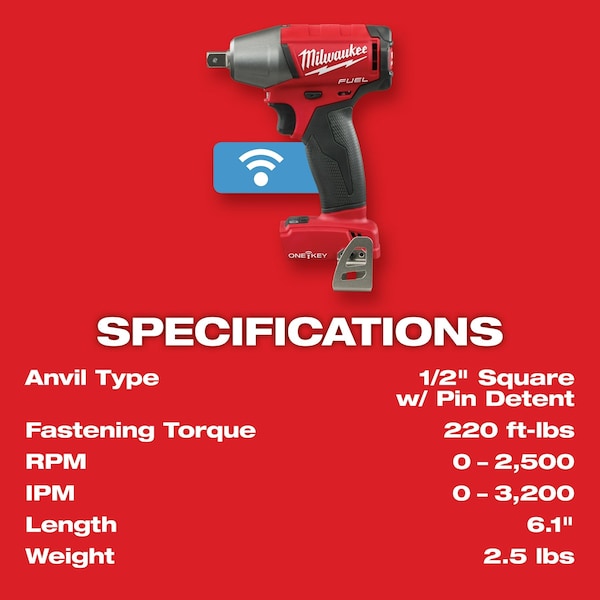 Milwaukee Tool M18 FUEL w/ONE-KEY 1/2" Compact Impact Wrench w/ Pin Detent - 2759-20