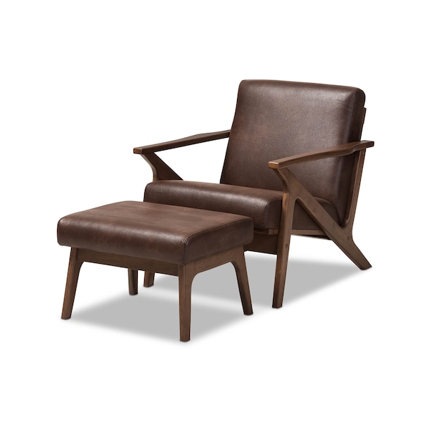 Baxton Studio Bianca Walnut Wood Brown Faux Leather Lounge Chair and Ottoman Set - 140-7544-7547
