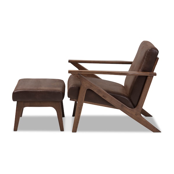 Baxton Studio Bianca Walnut Wood Brown Faux Leather Lounge Chair and Ottoman Set - 140-7544-7547