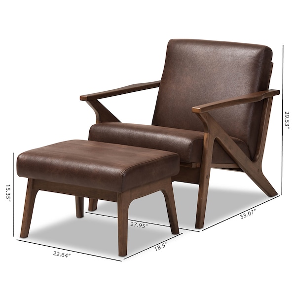 Baxton Studio Bianca Walnut Wood Brown Faux Leather Lounge Chair and Ottoman Set - 140-7544-7547