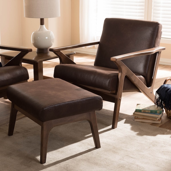 Baxton Studio Bianca Walnut Wood Brown Faux Leather Lounge Chair and Ottoman Set - 140-7544-7547