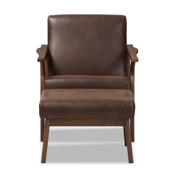 Baxton Studio Bianca Walnut Wood Brown Faux Leather Lounge Chair and Ottoman Set - 140-7544-7547