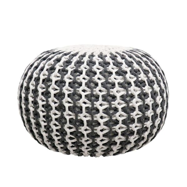Pasargad Home Santorini Ivory  Grey Knitted Round Pouf - PJO3951