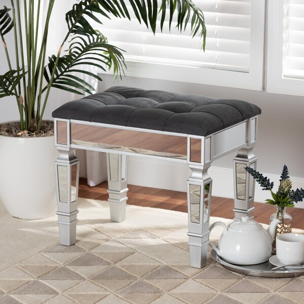 Baxton Studio Hedia Contemporary Glam and Luxe Grey Fabric Upholstered and Silver Finished Wood Ottoman - 213-12262-ZORO