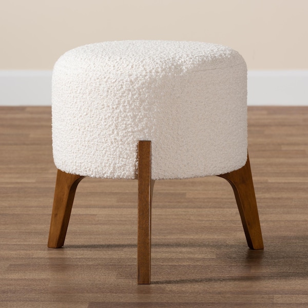 Baxton Studio Elkie Japandi Cream Boucle Fabric and Walnut Brown Finished Wood Ottoman Footstool - 233-13322-ZORO