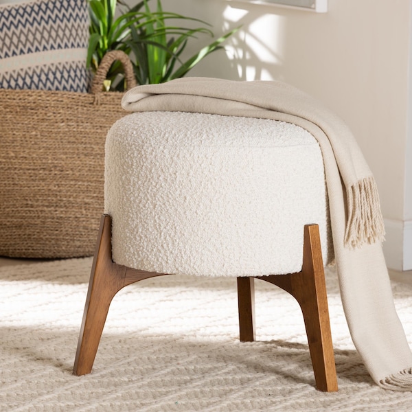 Baxton Studio Elkie Japandi Cream Boucle Fabric and Walnut Brown Finished Wood Ottoman Footstool - 233-13322-ZORO