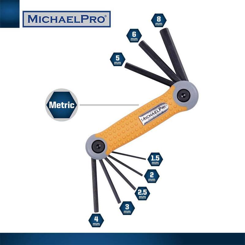 Juego de llaves hexagonales plegables MICHAELPRO con medidas en sistema métrico y en pulgadas en 17 tamaños. Herramienta duradera y de grado industrial (paquete de 2) - MP001007