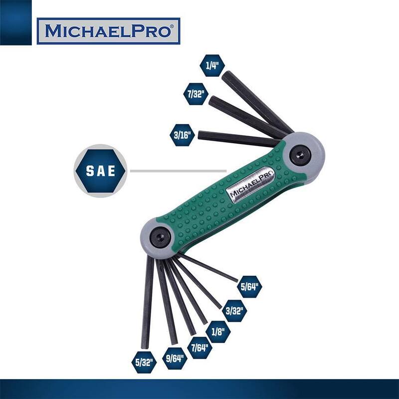 Juego de llaves hexagonales plegables MICHAELPRO con medidas en sistema métrico y en pulgadas en 17 tamaños. Herramienta duradera y de grado industrial (paquete de 2) - MP001007