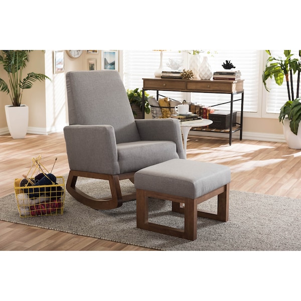 Baxton Studio Yashiya Grey Upholstered Rocking Chair and Ottoman Set - 123-6817-6819