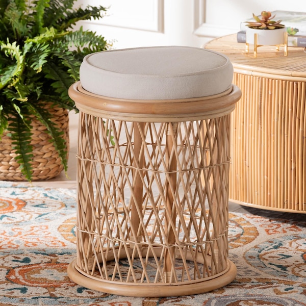 Bali & Pari Junius Bohemian Natural Rattan Ottoman Footstool - 244-13666-ZORO