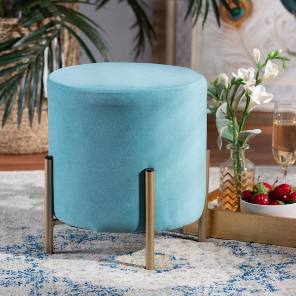 Baxton Studio Thurman Contemporary Glam and Luxe Sky Blue Velvet Upholstered and Gold Finished Metal Ottoman - 198-12230-ZORO