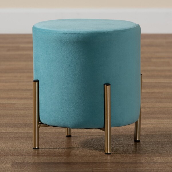Baxton Studio Thurman Contemporary Glam and Luxe Sky Blue Velvet Upholstered and Gold Finished Metal Ottoman - 198-12230-ZORO