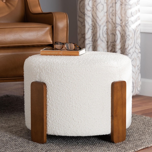 Baxton Studio Finlay Modern Japandi Cream Boucle Fabric and Walnut Brown Finished Wood Ottoman Footstool - 242-13435-ZORO