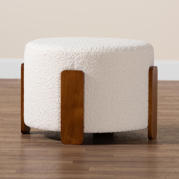 Baxton Studio Finlay Modern Japandi Cream Boucle Fabric and Walnut Brown Finished Wood Ottoman Footstool - 242-13435-ZORO