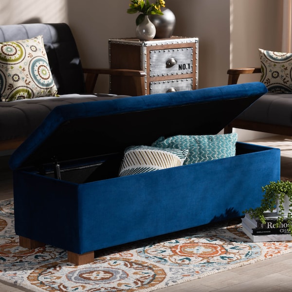 Baxton Studio Roanoke Navy Blue Velvet Upholstered Grid-Tufted Storage Ottoman Bench - 160-9929