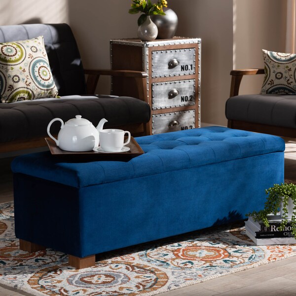 Baxton Studio Roanoke Navy Blue Velvet Upholstered Grid-Tufted Storage Ottoman Bench - 160-9929