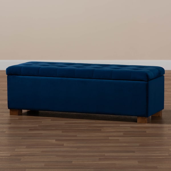 Baxton Studio Roanoke Navy Blue Velvet Upholstered Grid-Tufted Storage Ottoman Bench - 160-9929