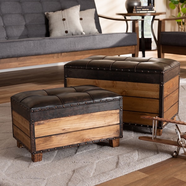 Baxton Studio Marelli Dark Brown Upholstered 2-Piece Wood Storage Trunk Ottoman Set - 153-9198