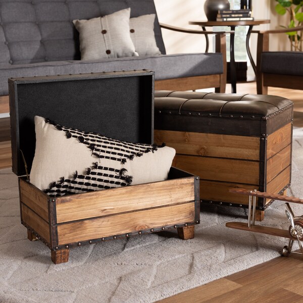 Baxton Studio Marelli Dark Brown Upholstered 2-Piece Wood Storage Trunk Ottoman Set - 153-9198